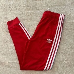 Adidas Kids Red Joggers with White Stripes